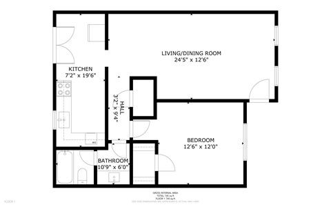 A black and white image of a floor plan for a small apartment.